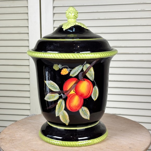 Certified International Other - Certified International Black Hand Painted Peach Ceramic Canister April Cornell